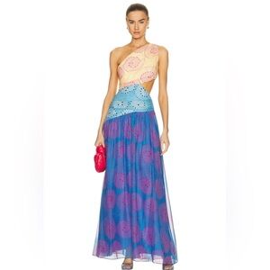 Staud- Ashlynn Dress One shoulder Colorblock Maxi Dress in Yellow, Blue & Purple